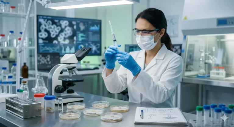 Scientist holding a laboratory syringe in a sterile biotech research environment with microscope and petri dishes for educational mycology study
