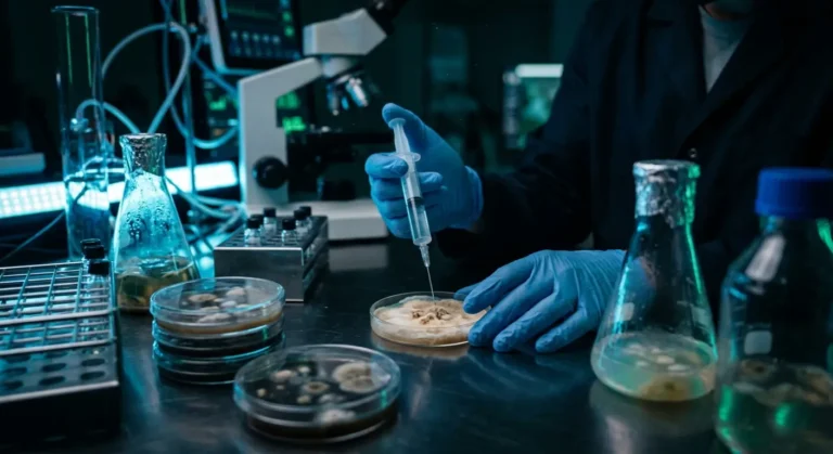 Sterile laboratory spore syringe used in mycology research with petri dishes and grow containers in a clean scientific workspace.