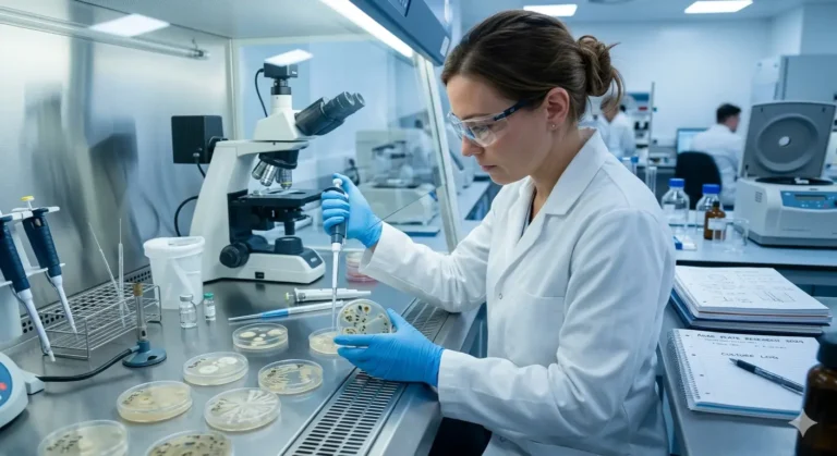 Scientist handling agar plates in a sterile laboratory environment under a laminar flow hood for microbiology research