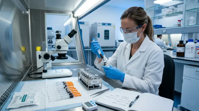 Scientist inspecting laboratory syringe and sterile vials in a biotech quality control environment