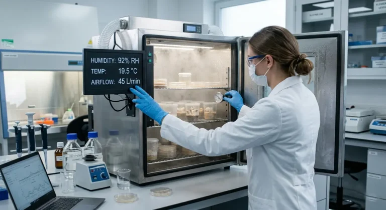 Scientist adjusting humidity and airflow controls in a laboratory environment studying fungal growth conditions