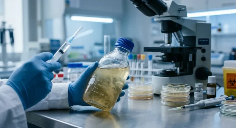 Scientist handling liquid culture jar in a sterile laboratory showing microbial growth in a controlled biotech environment
