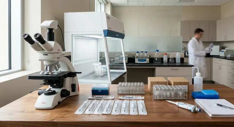 Preparing and packing spore syringe orders in a clean laboratory workspace
