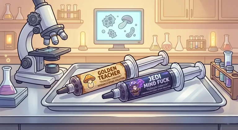 comparing Golden Teacher and Jedi Mind Fuck spore syringes on a laboratory table next to a microscope for research comparison.